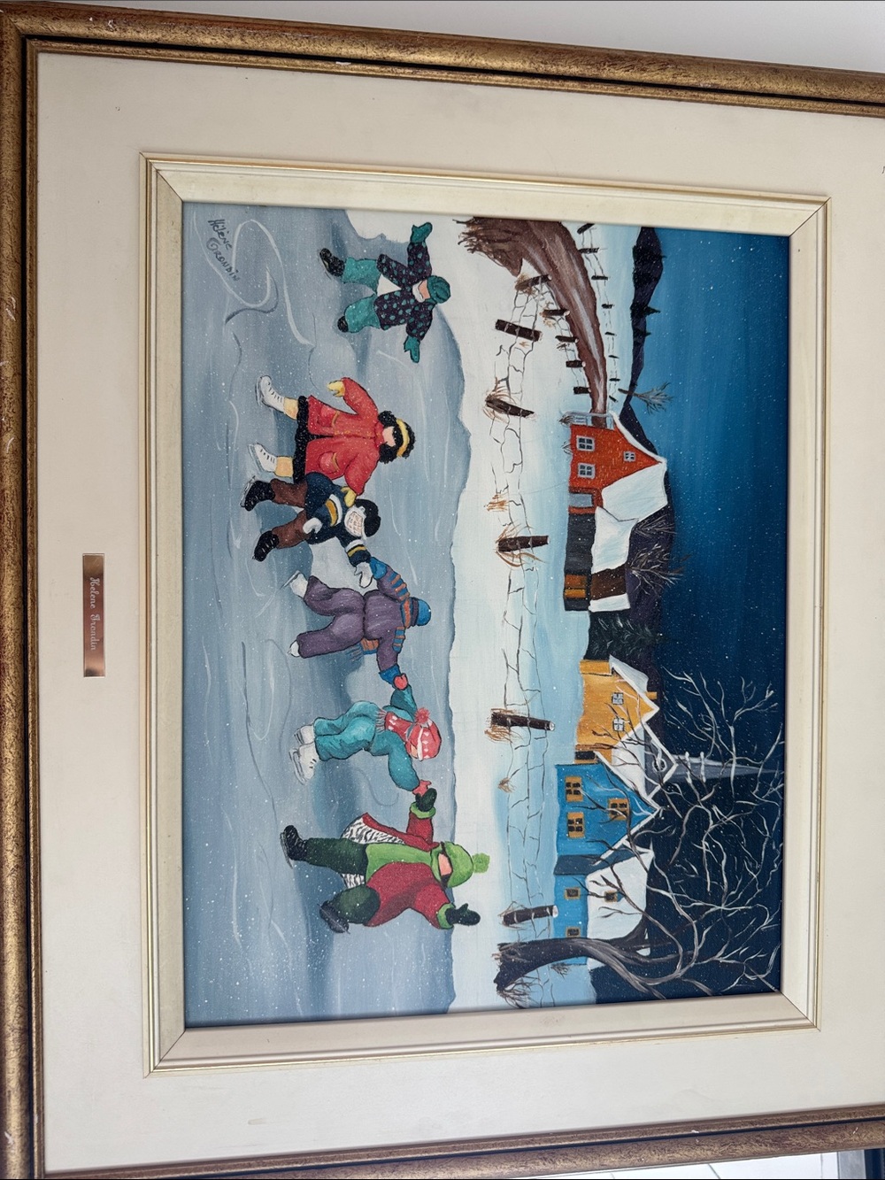 Helene Grandin. Framed Winter Ice Skating Children Wall Art - Multicolor